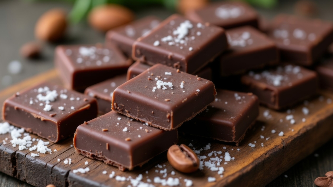 dark chocolate squares arranged on a rustic wooden board, accompanied by cocoa beans and a sprinkle of sea salt